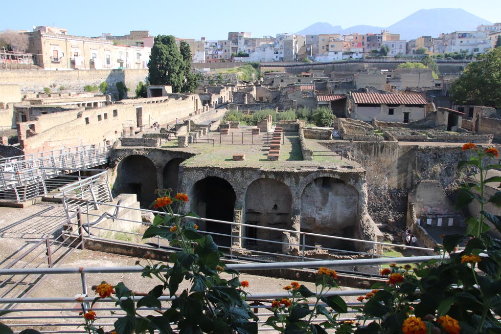 III.1/2/18/19, Herculaneum, October 2022. 
Looking north from access roadway towards upper and lower rooms. Photo courtesy of Klaus Heese.
